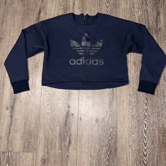 Adidas Pullover Womens Size M Medium Cropped Top Navy Blue Spellout Logo - Picture 1 of 4